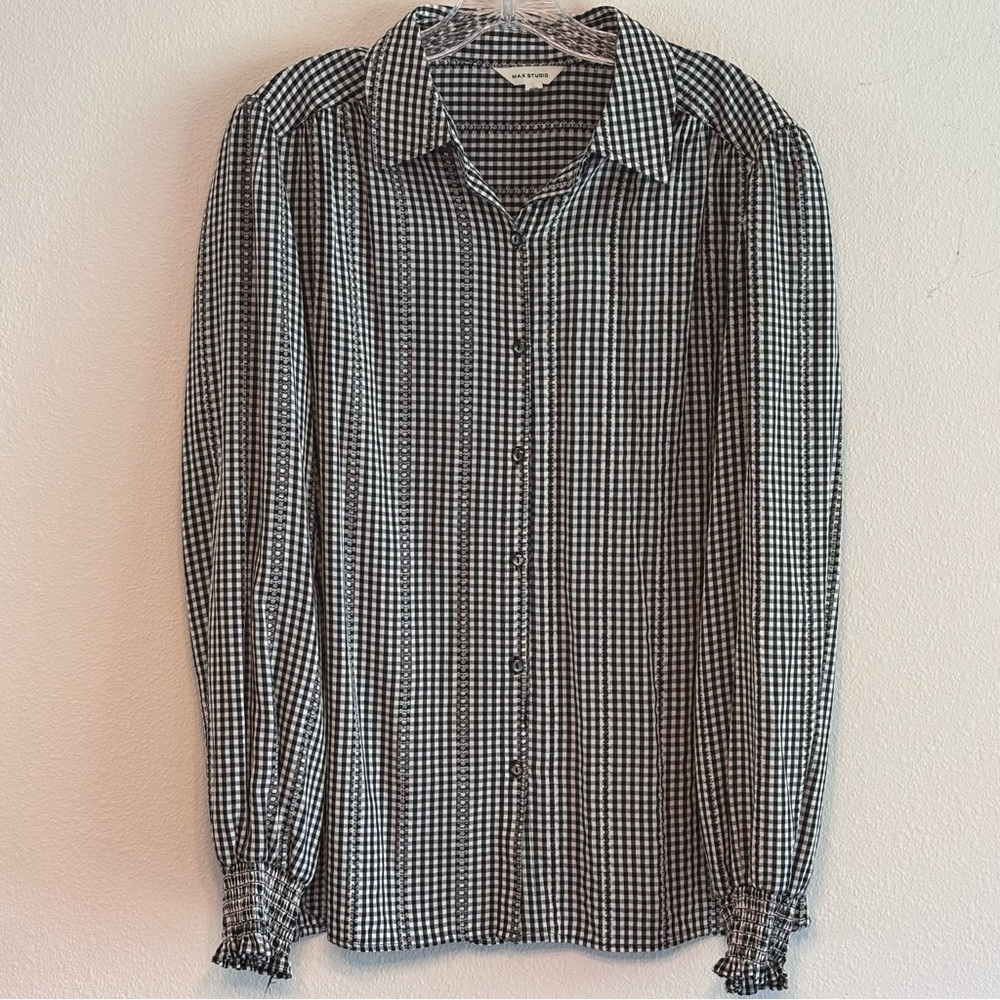 Max Studio Women's Black White Checkered Button Down Shirt SZ Large